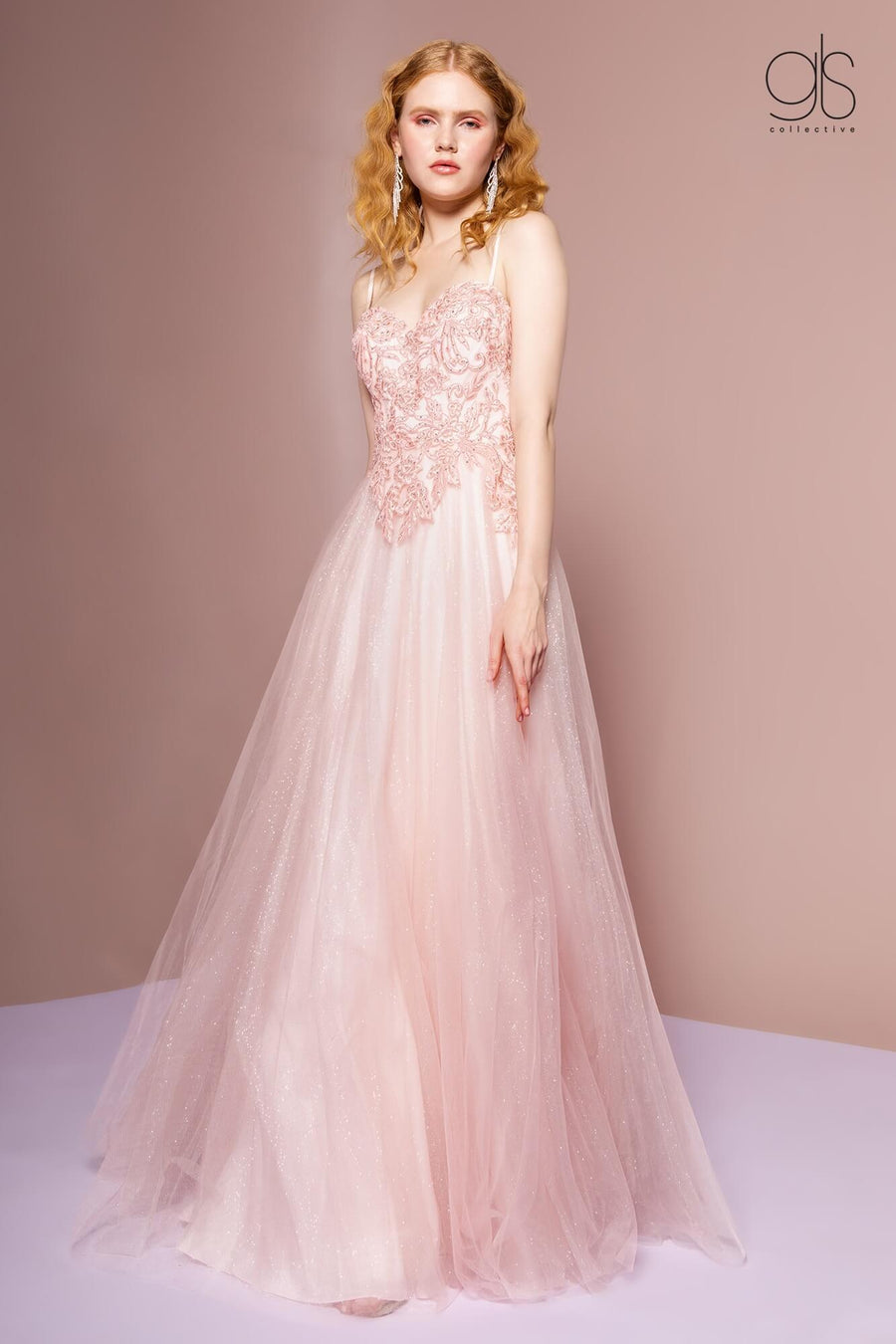 Embroidered Bodice and Mesh Glitter Floor Length Skirt - The Dress Outlet Elizabeth K