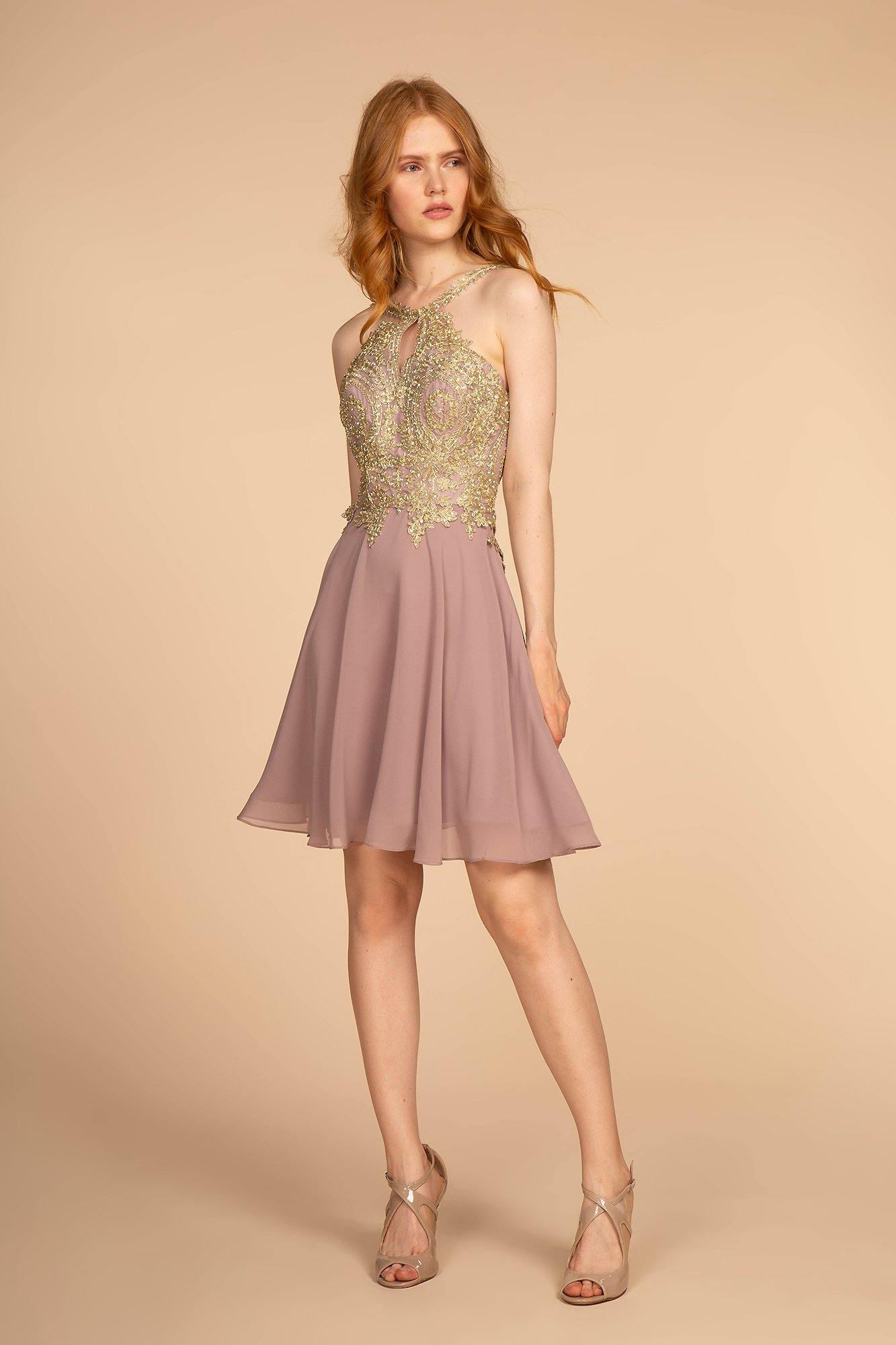 Embroidered Bodice Chiffon Short Dress - The Dress Outlet Elizabeth K