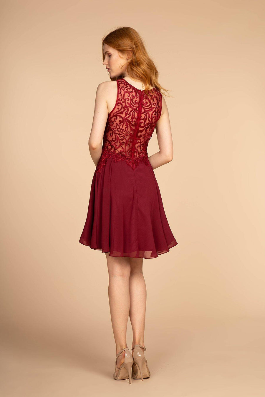 Embroidered Bodice Chiffon Short Dress - The Dress Outlet Elizabeth K