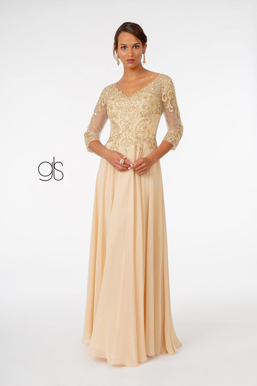 Embroidered Bodice Evening Long Formal Dress - The Dress Outlet Elizabeth K