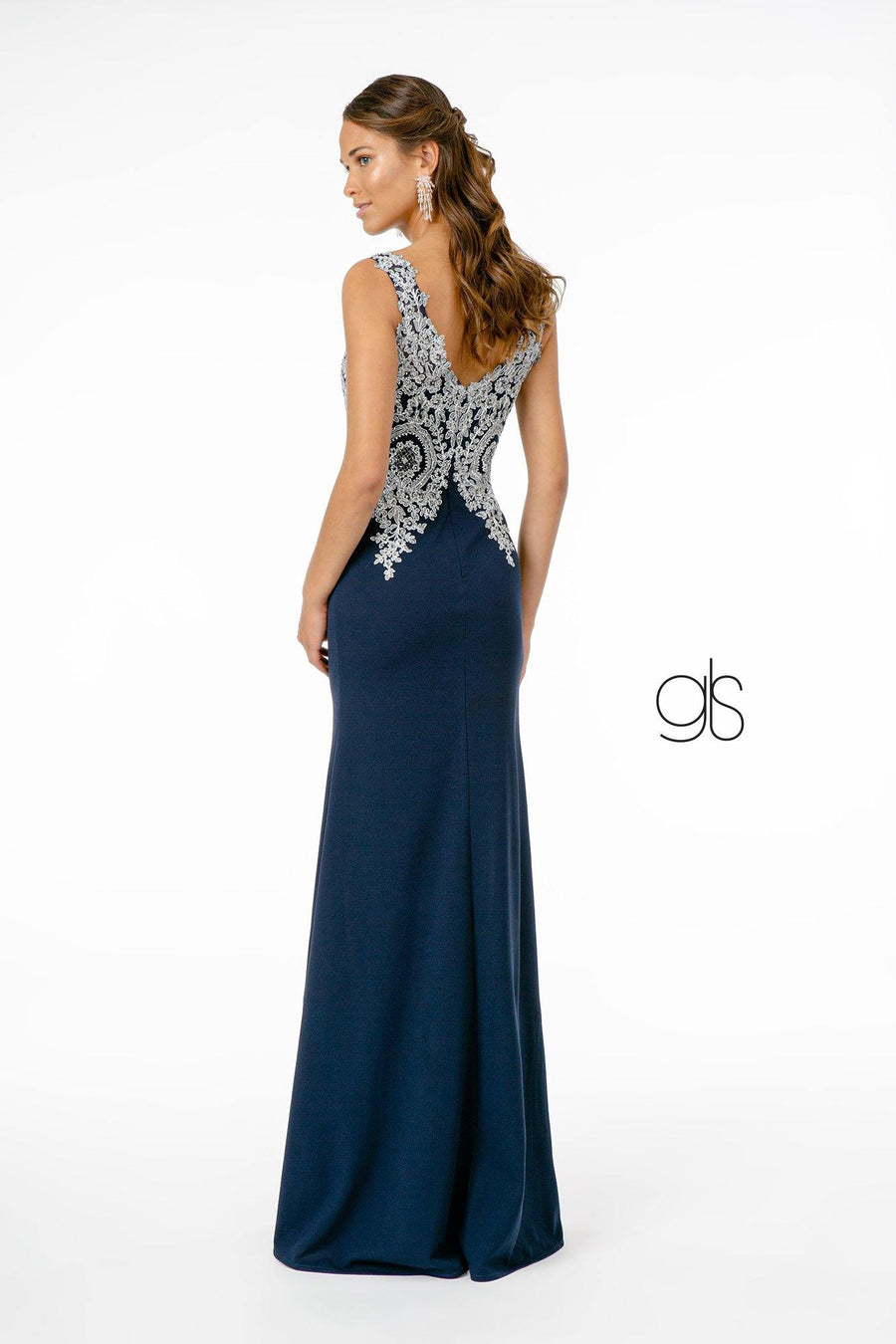 Embroidered Bodice Jersey Long Prom Dress - The Dress Outlet Elizabeth K