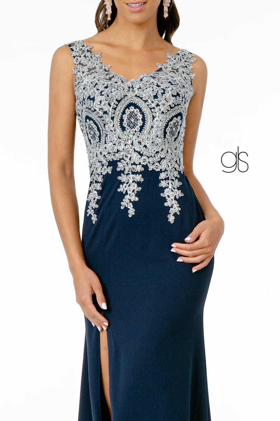 Embroidered Bodice Jersey Long Prom Dress - The Dress Outlet Elizabeth K