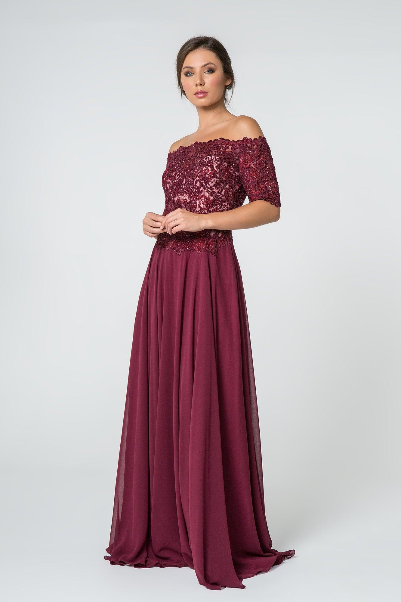 Embroidered Bodice Prom Long Dress - The Dress Outlet