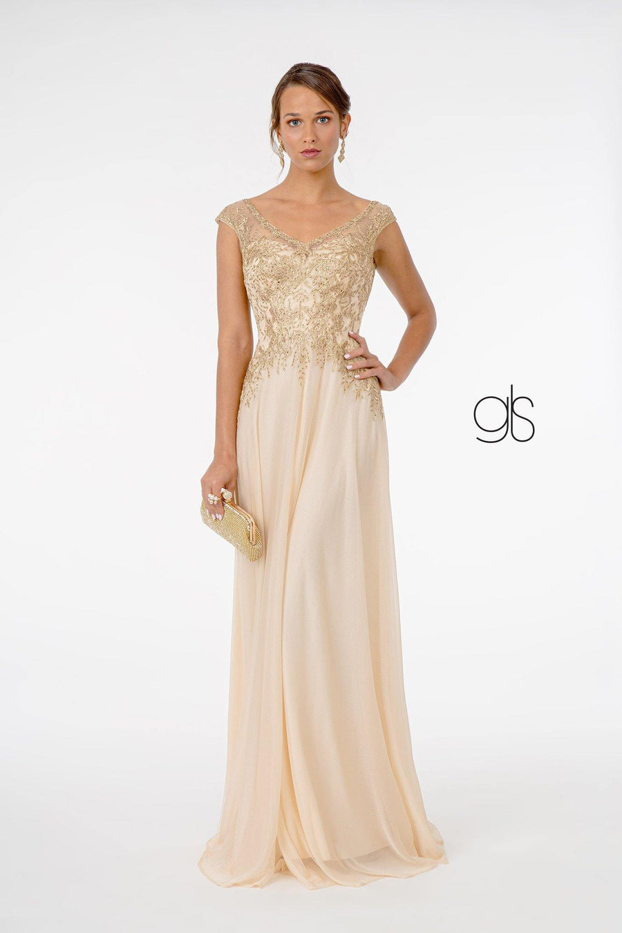 Embroidered Bodice V-Neck Long Formal Dress - The Dress Outlet Elizabeth K