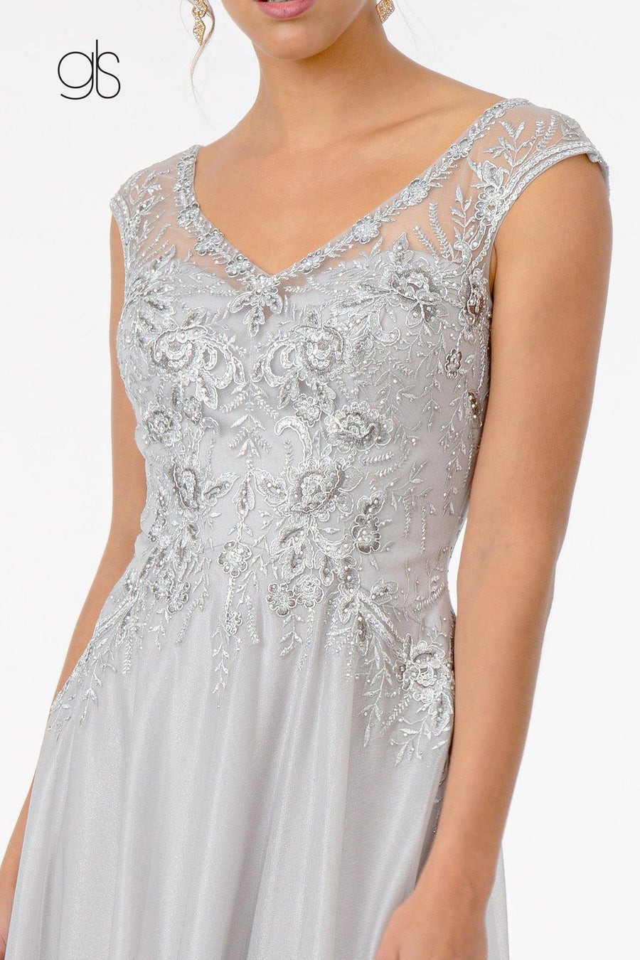 Embroidered Bodice V-Neck Long Formal Dress - The Dress Outlet Elizabeth K