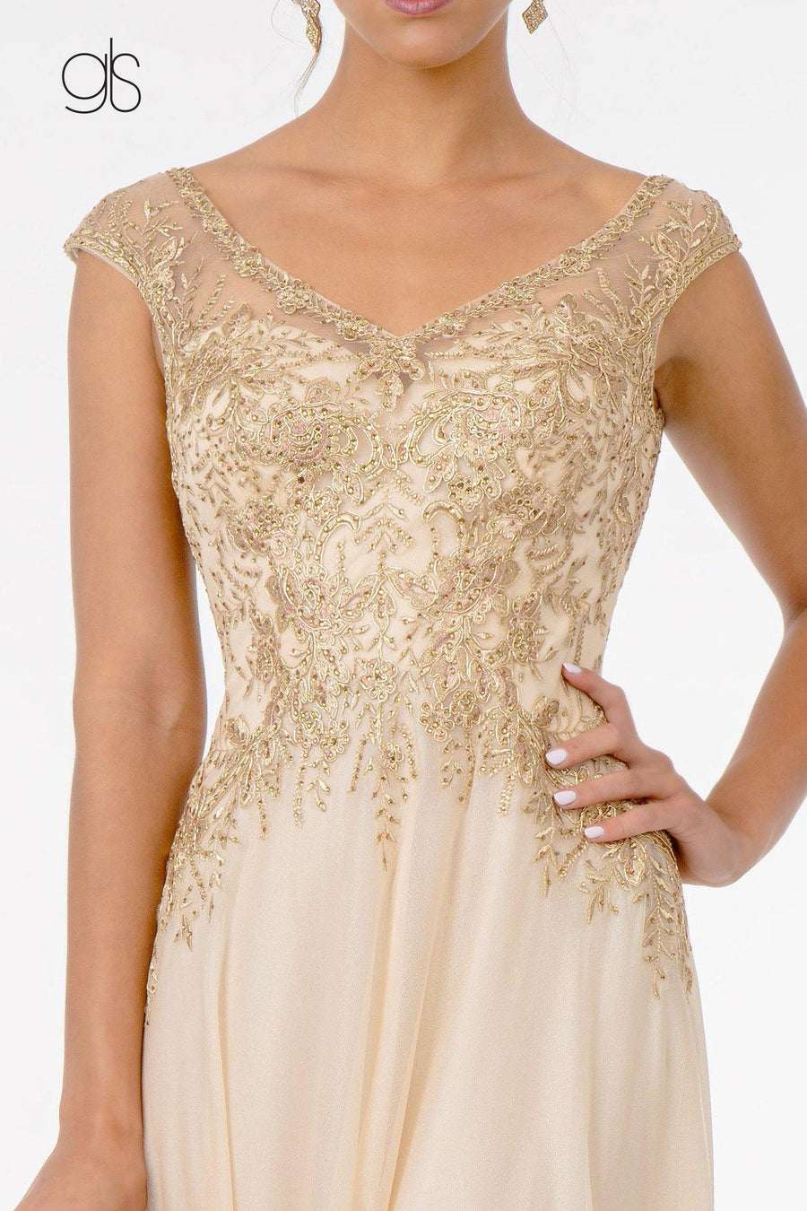 Embroidered Bodice V-Neck Long Formal Dress - The Dress Outlet Elizabeth K