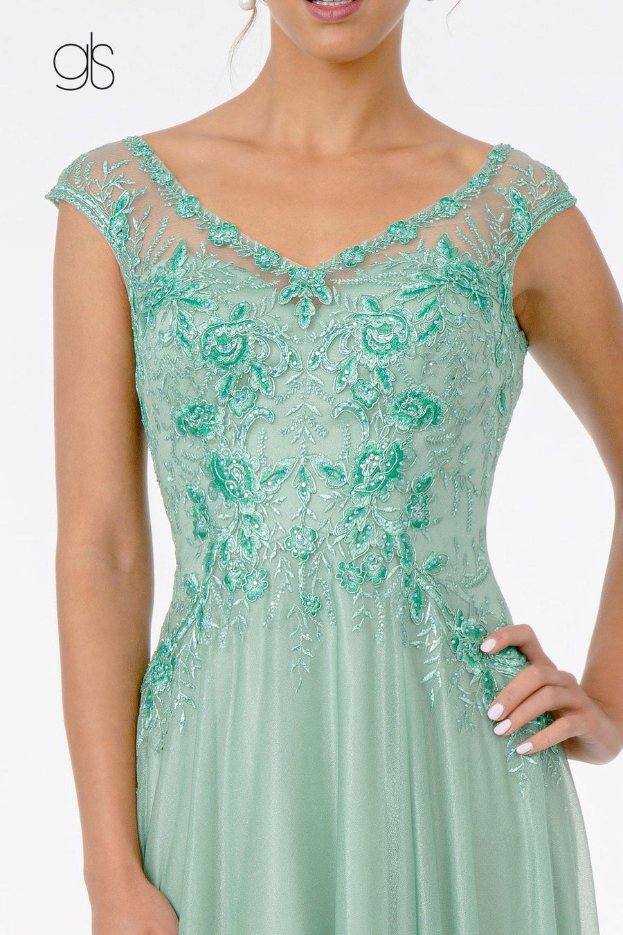 Embroidered Bodice V-Neck Long Formal Dress - The Dress Outlet Elizabeth K