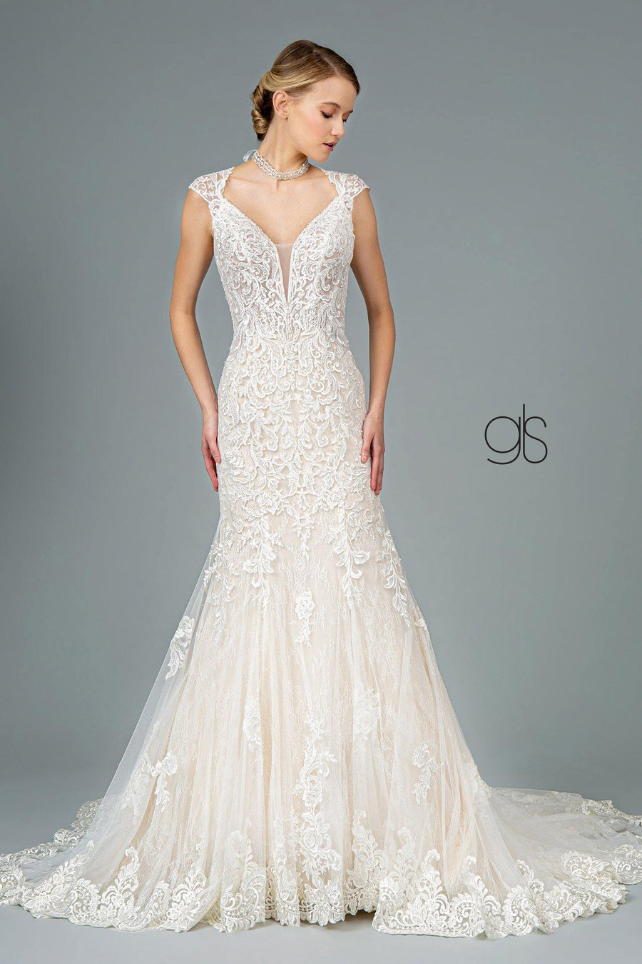 Embroidered Mesh Mermaid Long Wedding Gown - The Dress Outlet Elizabeth K