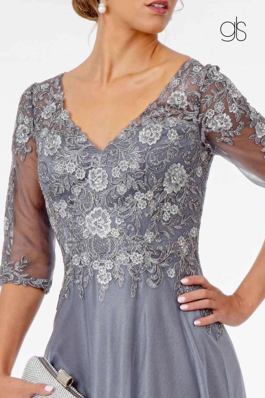 Embroidery Embellished V-Neck Long Formal Dress - The Dress Outlet Elizabeth K