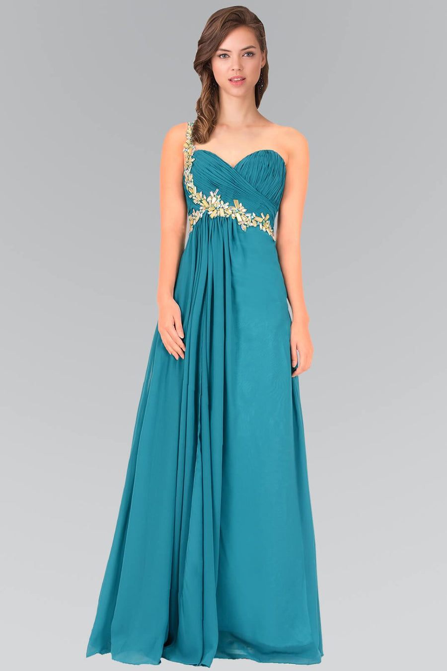 Empire One Shoulder Chiffon Long Formal Dress - The Dress Outlet Elizabeth K