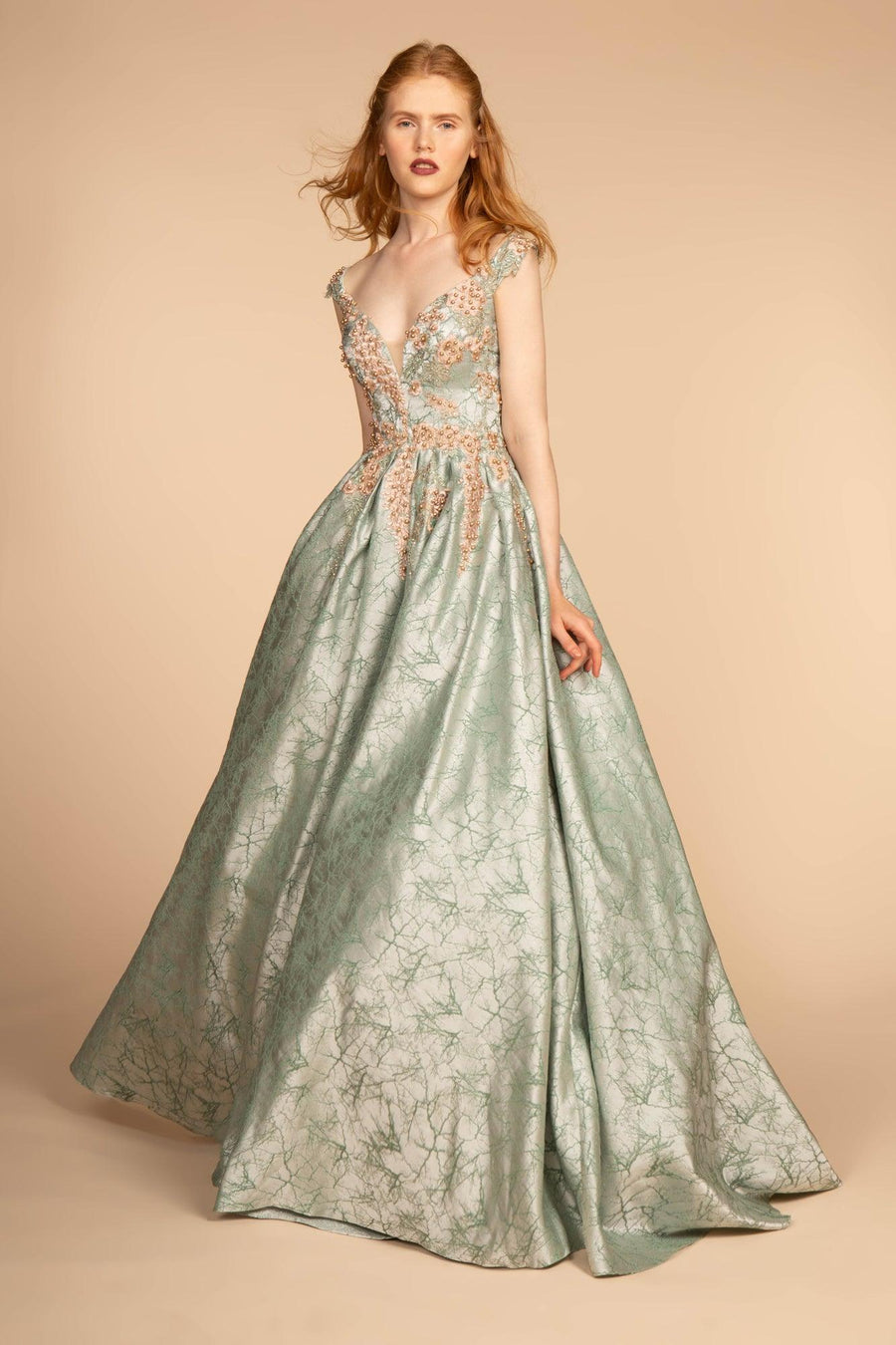 Floral Jewel Embellished Long Prom Dress - The Dress Outlet Elizabeth K