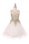 Flower Girl Dress Sleeveless Gold Embellished Short - The Dress Outlet Cinderella Couture