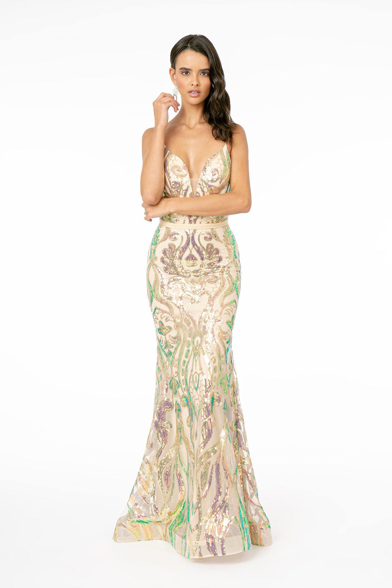 Fitted Iridecent Sequin Pattern Long Prom Dress - The Dress Outlet Elizabeth K