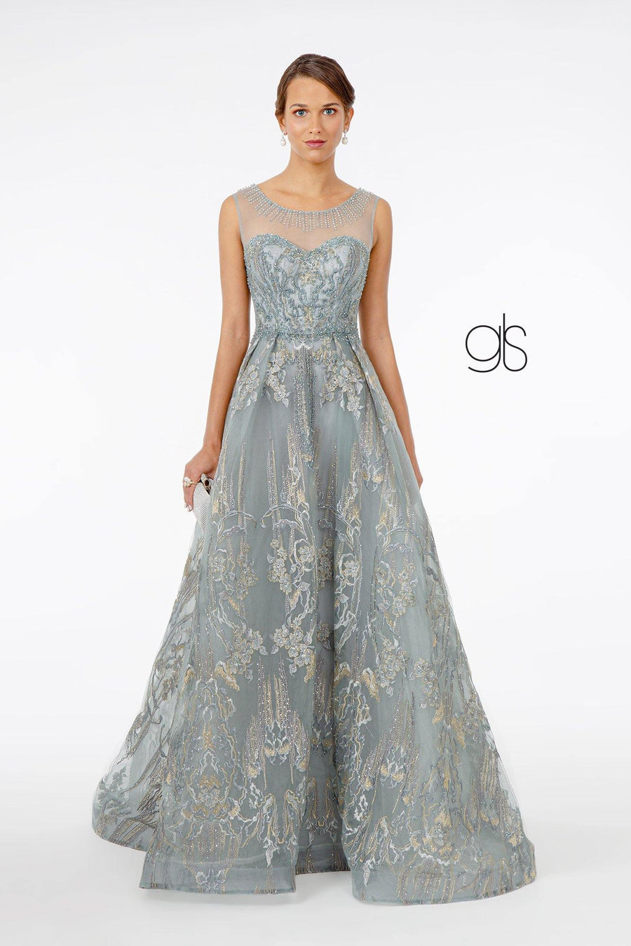 Full Embroidered Illusion Prom Long Dress - The Dress Outlet Elizabeth K