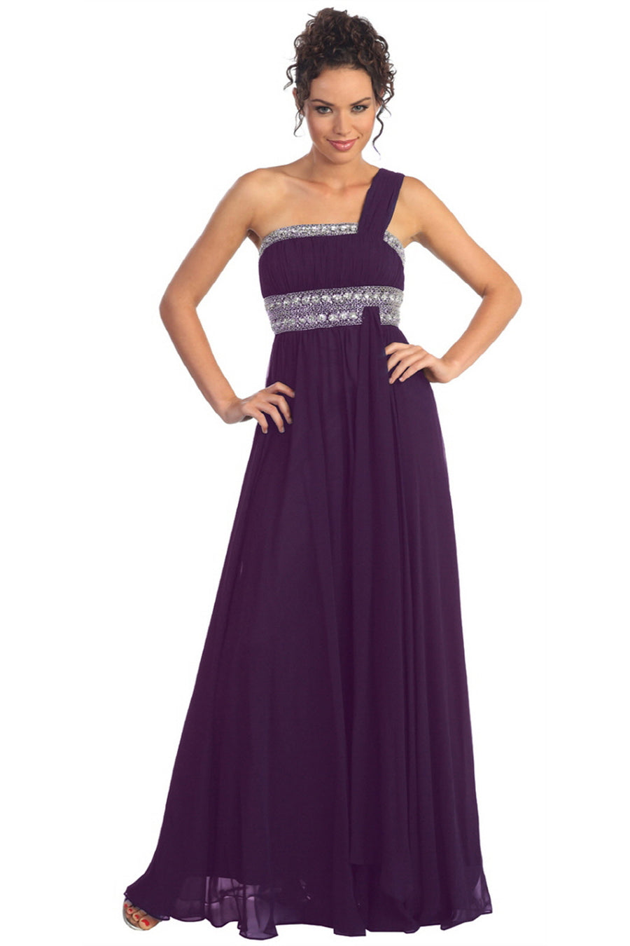 One Shoulder Long Prom Empire Dress - The Dress Outlet Elizabeth K Eggplant