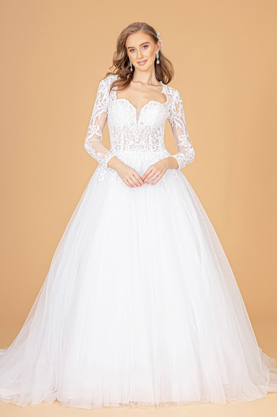 Illusion V-Neck Embroidered Mesh Long Wedding Gown - The Dress Outlet Elizabeth K White