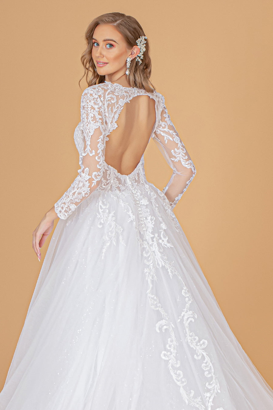 Illusion V-Neck Embroidered Mesh Long Wedding Gown - The Dress Outlet Elizabeth K White