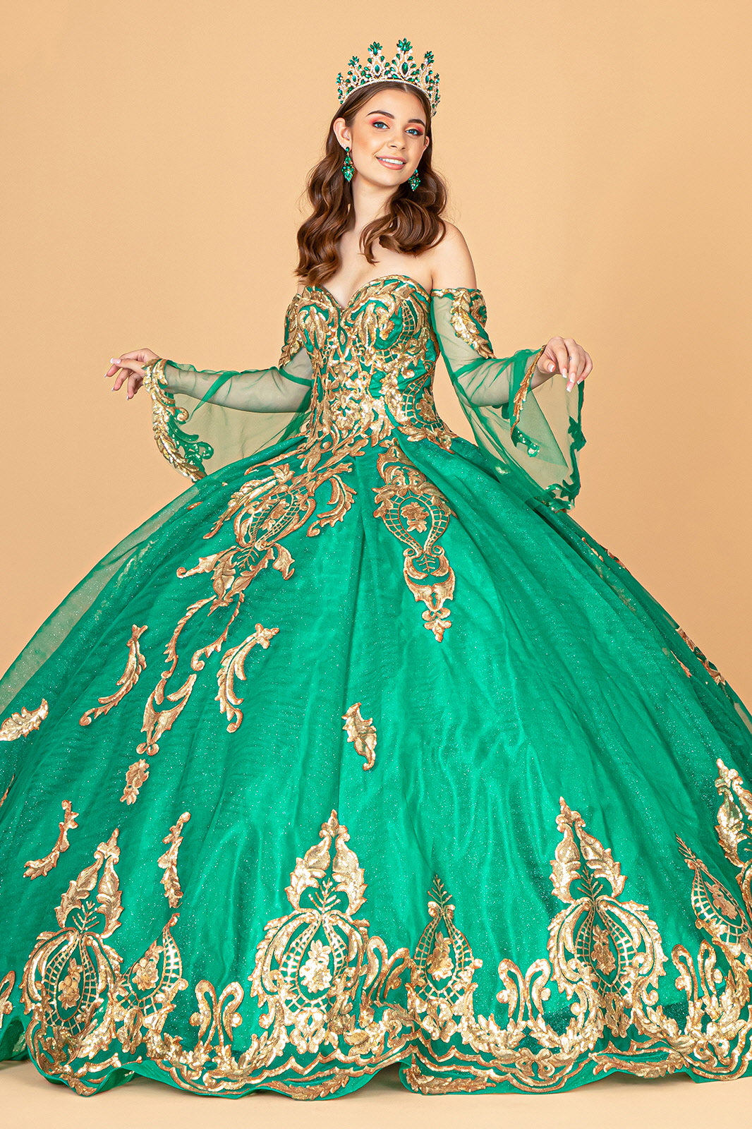 Long Strapless Ball Gown Mesh Quinceanera Dress - The Dress Outlet Emerald Green