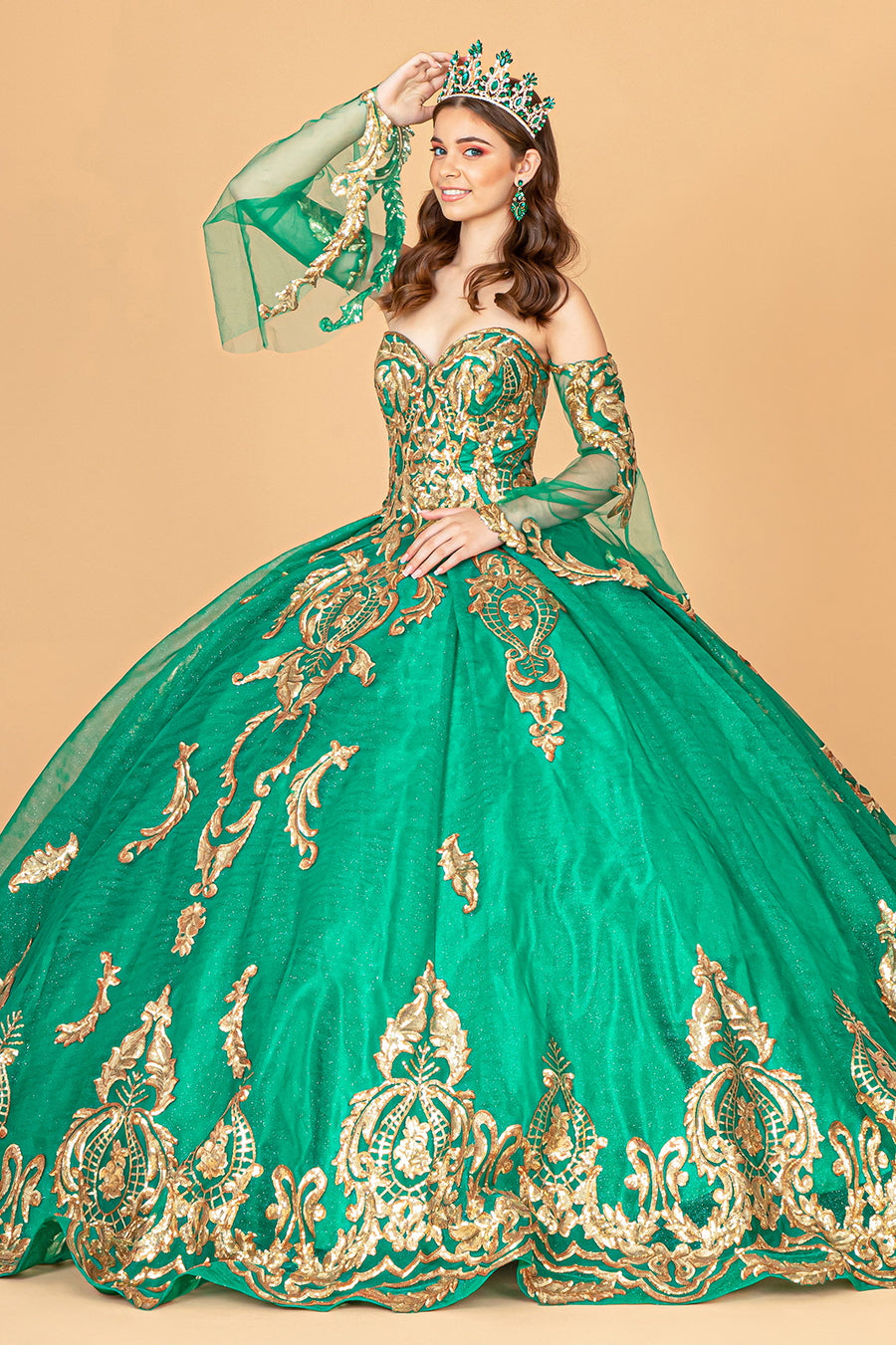 Long Strapless Ball Gown Mesh Quinceanera Dress - The Dress Outlet Emerald Green