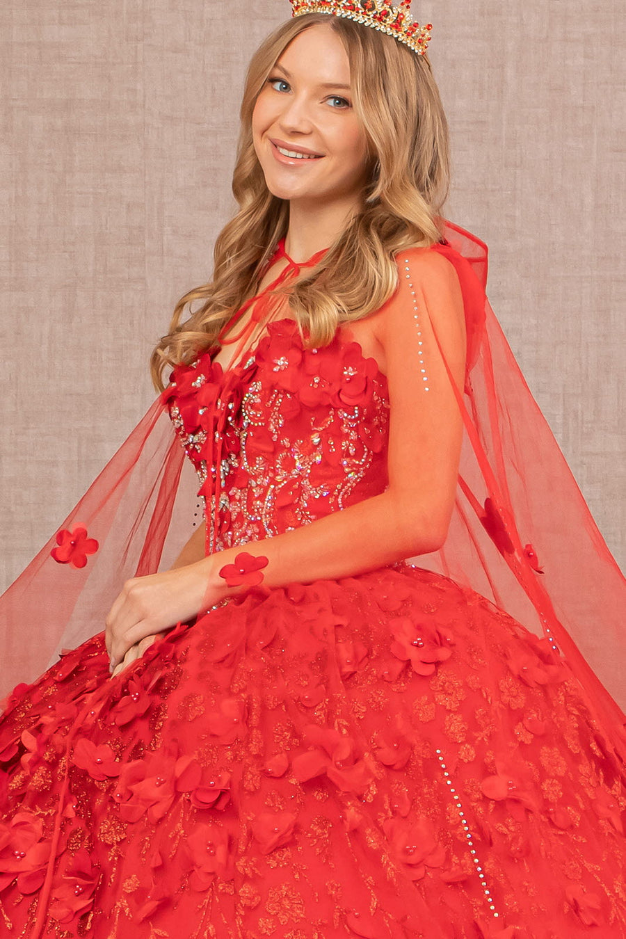 Strapless with Mesh Cape Quinceanera Dress - The Dress Outlet Red