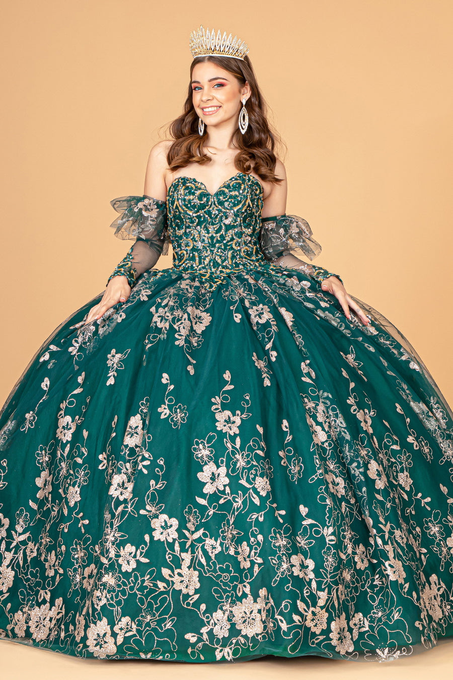 Long Quinceanera Dress Glitter Mesh Ball Gown - The Dress Outlet Emerald