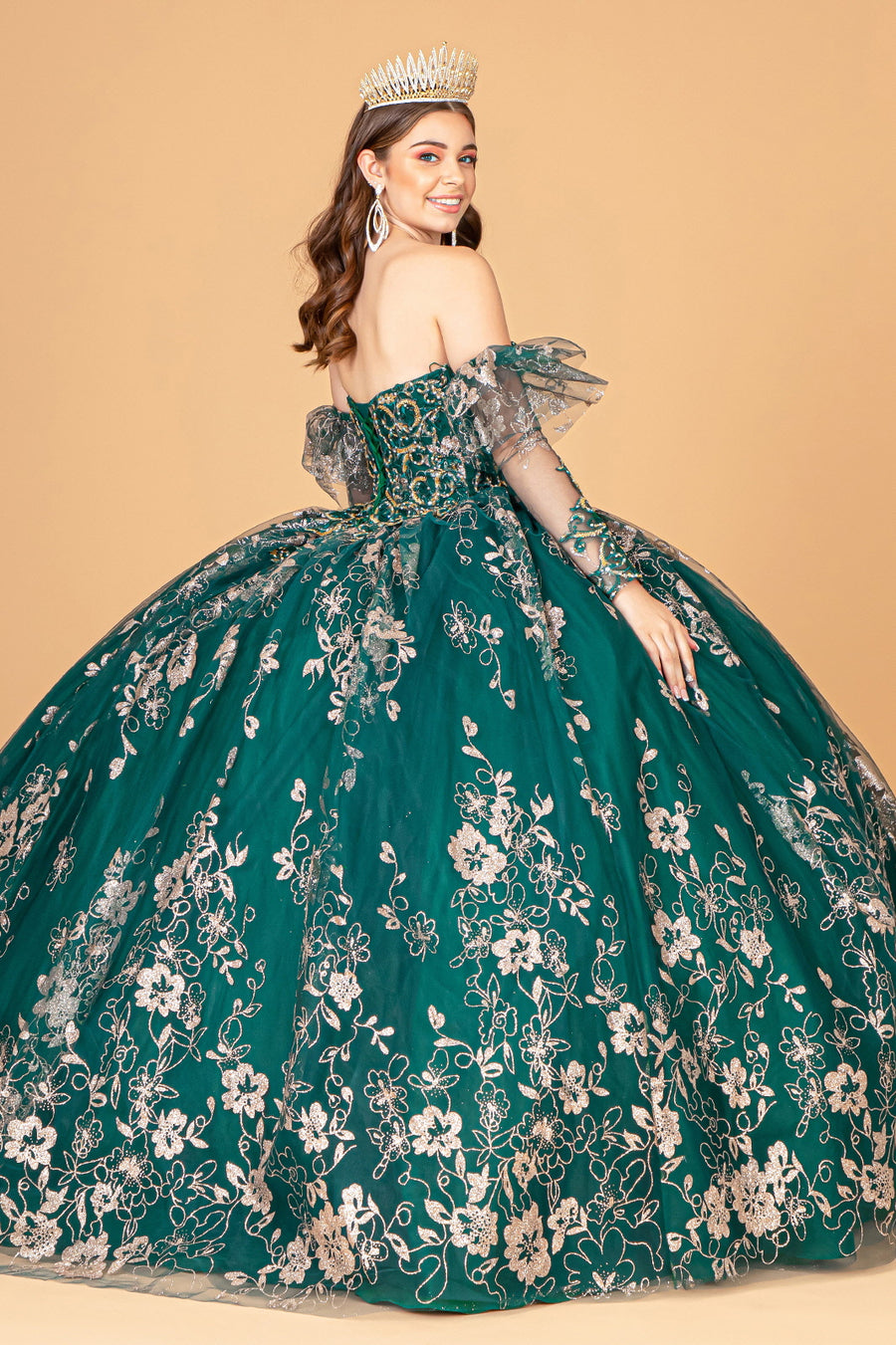 Long Quinceanera Dress Glitter Mesh Ball Gown - The Dress Outlet Emerald