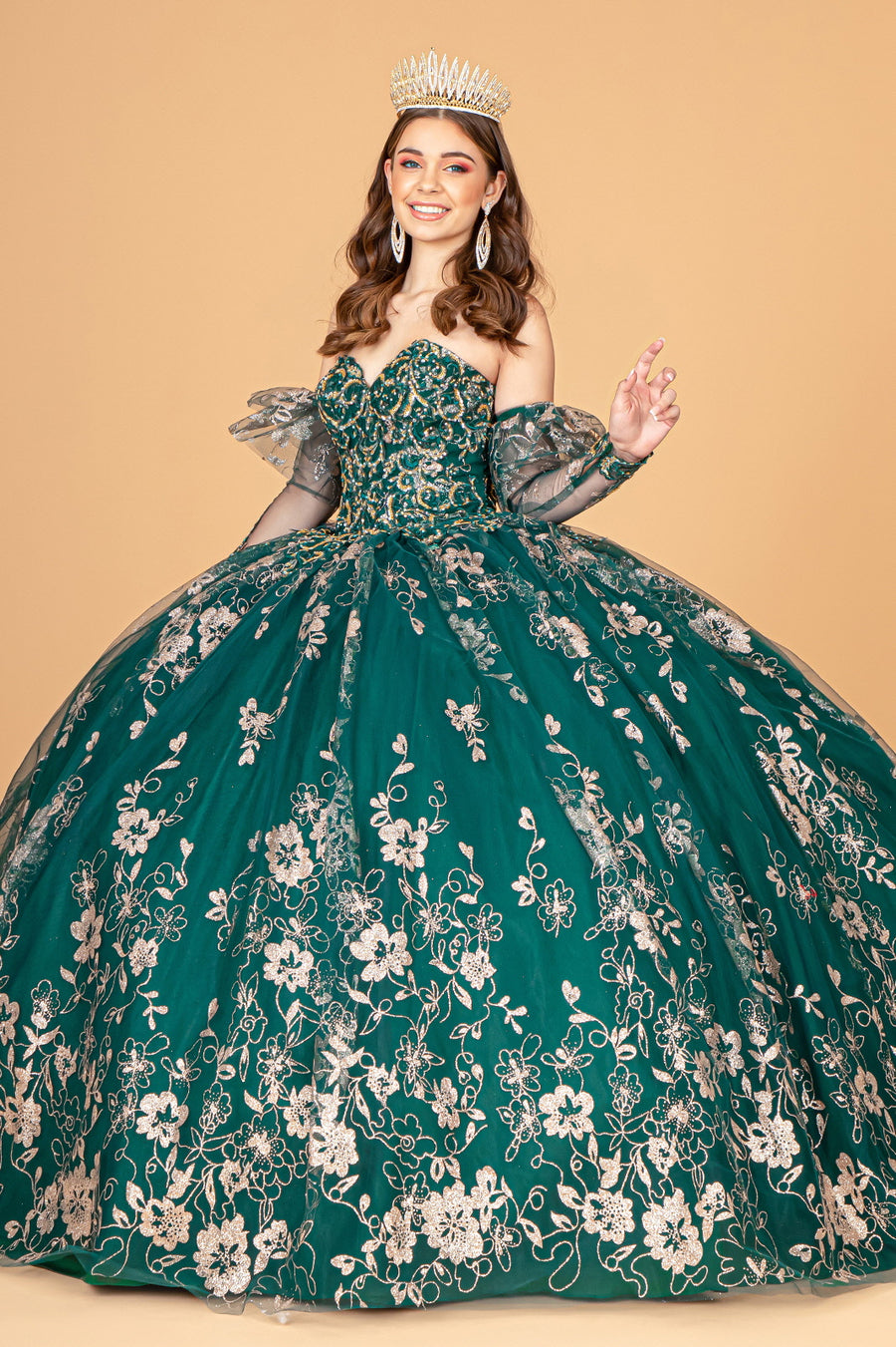 Long Quinceanera Dress Glitter Mesh Ball Gown - The Dress Outlet Emerald