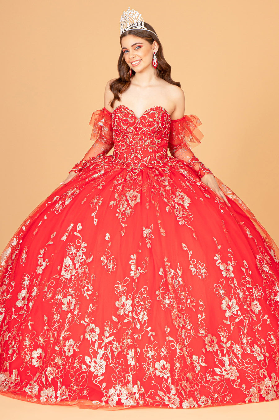 Long Quinceanera Dress Glitter Mesh Ball Gown - The Dress Outlet Red