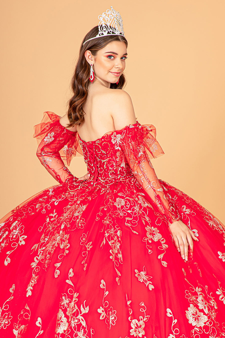 Long Quinceanera Dress Glitter Mesh Ball Gown - The Dress Outlet Red