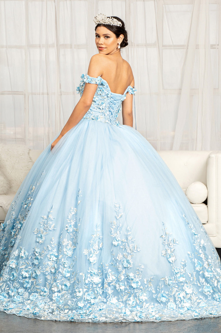 Quinceanera Off Shoulder Long Dress - The Dress Outlet Baby Blue