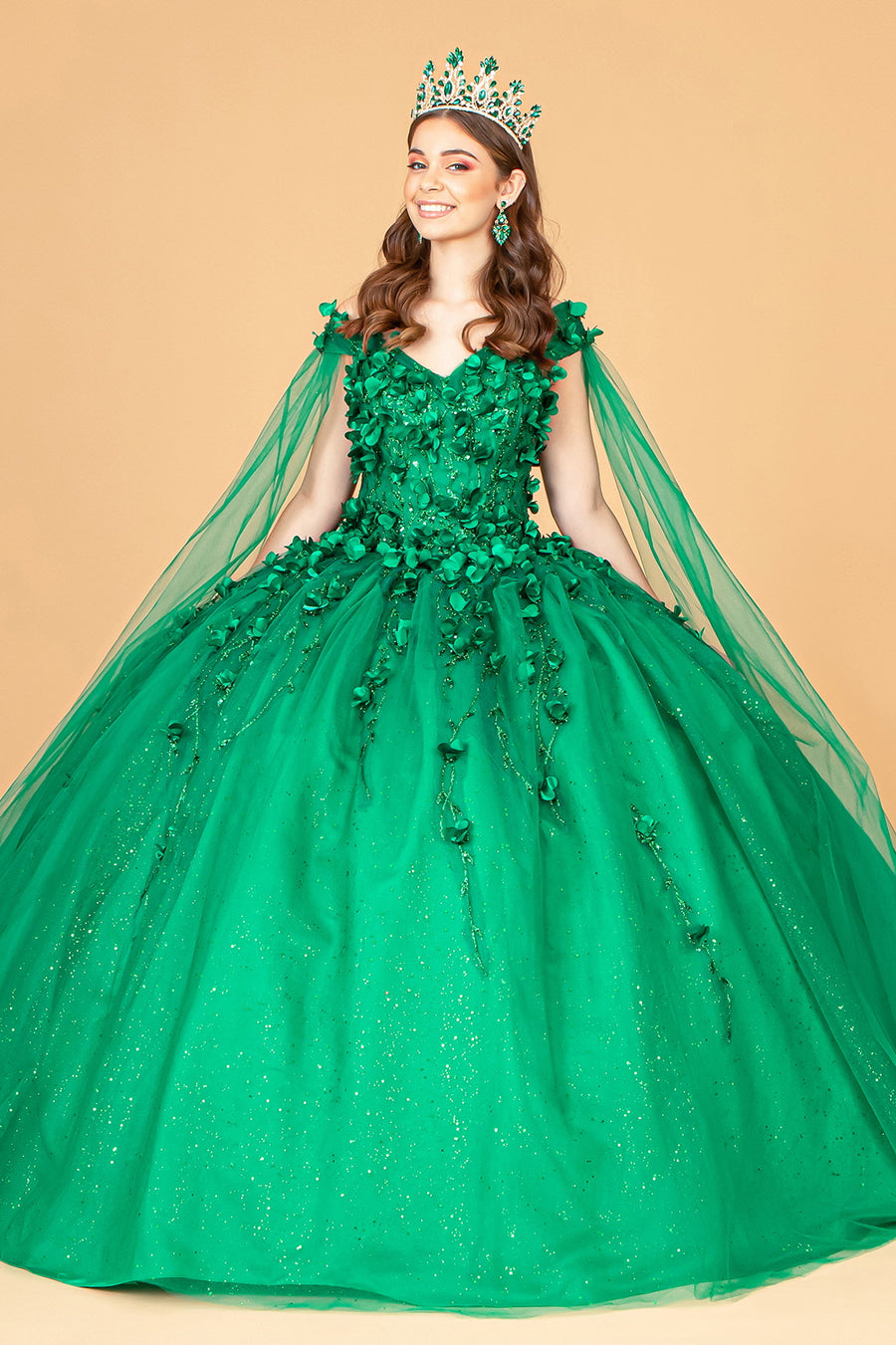 Quinceanera Sweet 16 Long Mesh Gown - The Dress Outlet Emerald Green