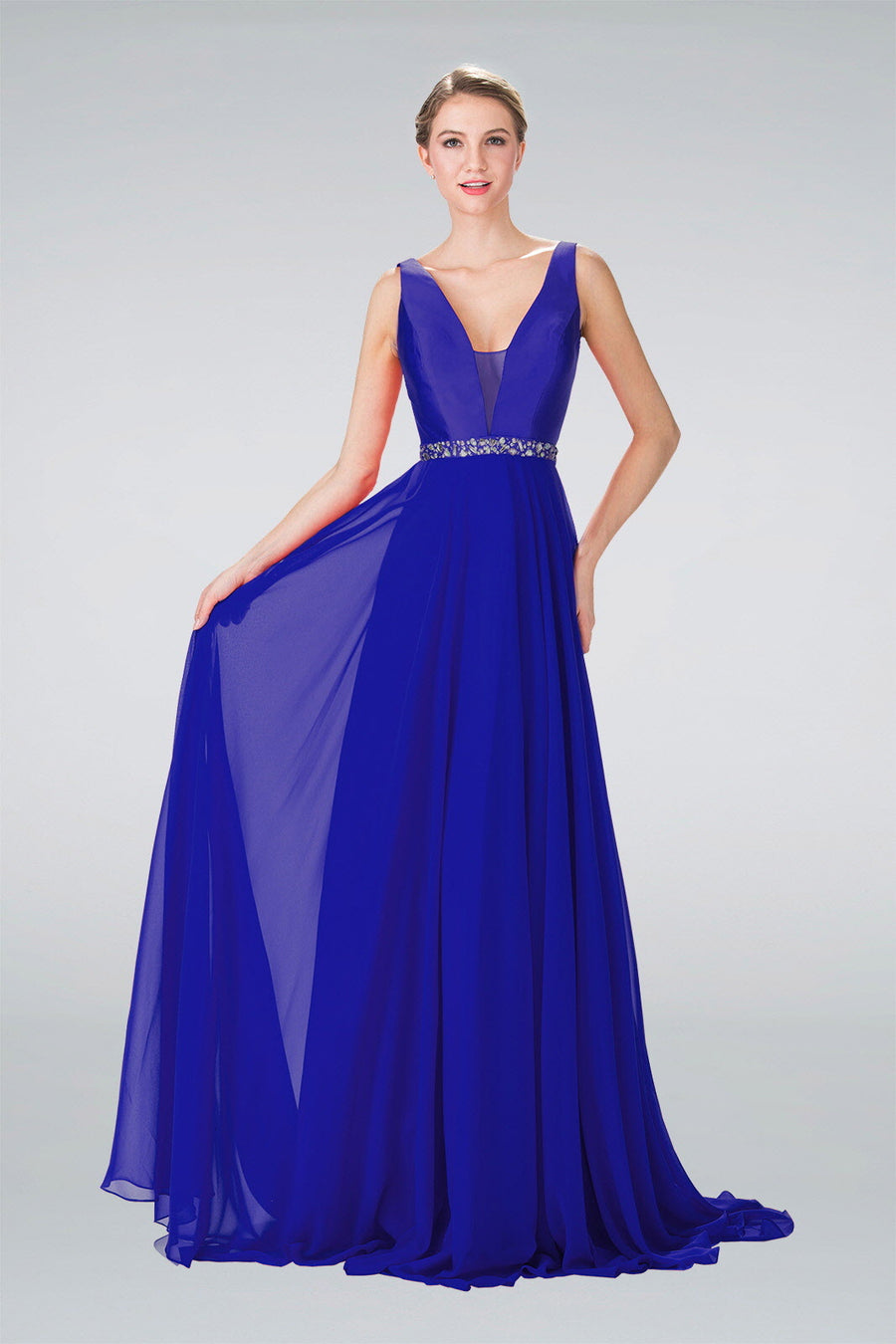 Prom Long Formal Sleeveless V-Neck Evening Gown - The Dress Outlet Elizabeth K Navy