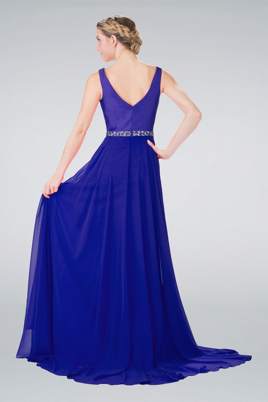 Prom Long Formal Sleeveless V-Neck Evening Gown - The Dress Outlet Elizabeth K Navy