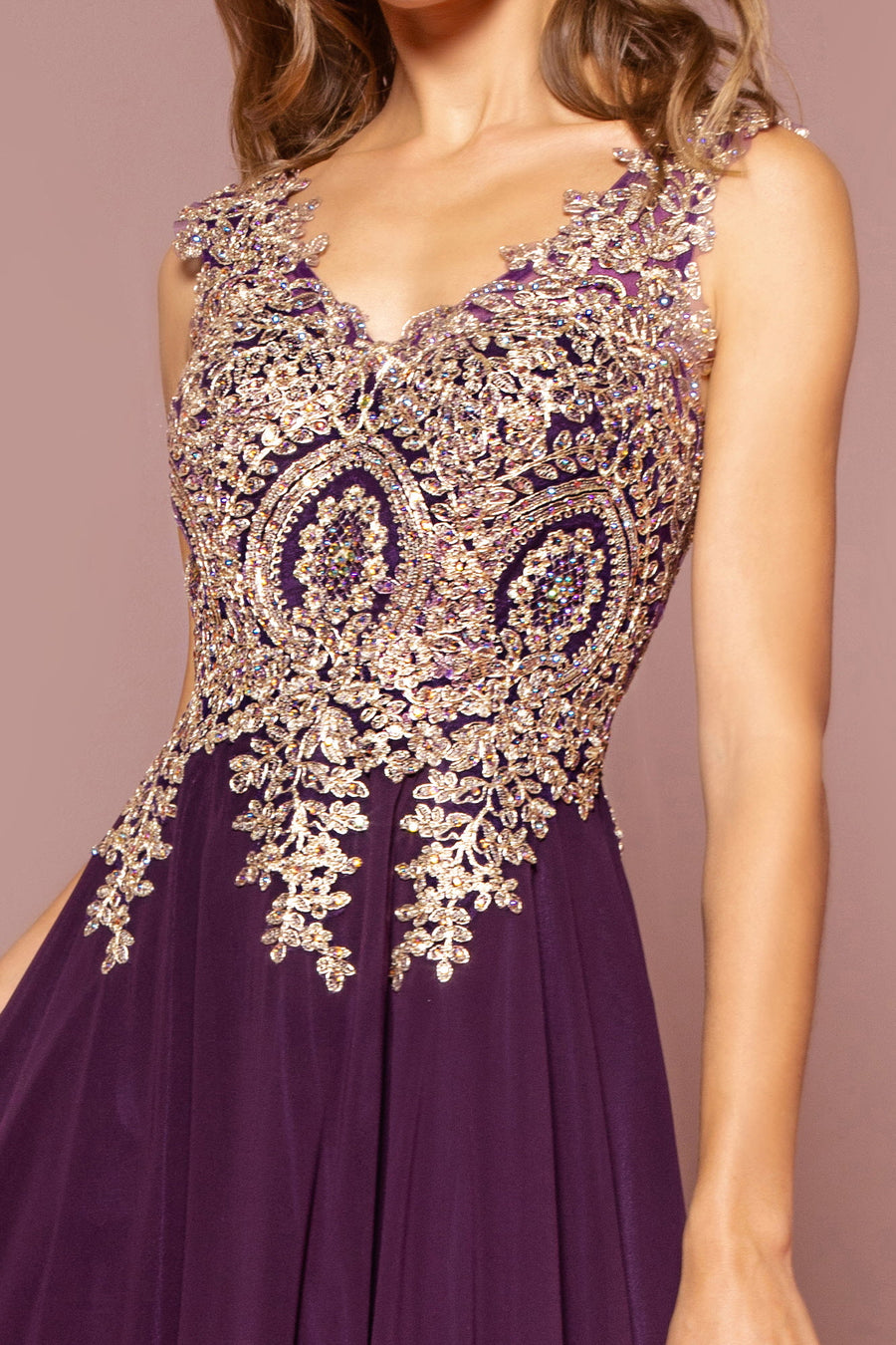 Embroidered Chiffon Long Prom Dress Formal - The Dress Outlet Eggplant