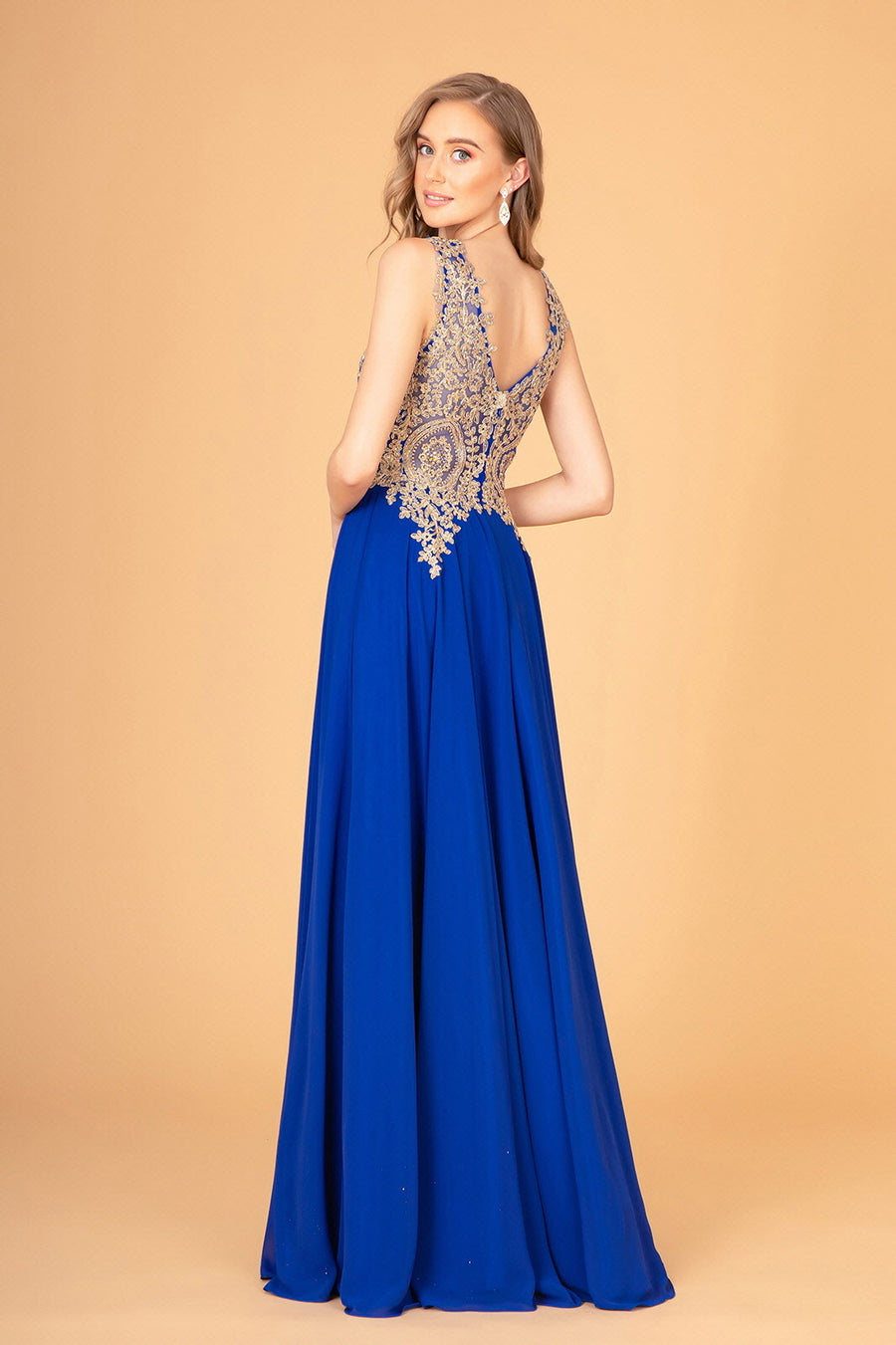 Embroidered Chiffon Long Prom Dress Formal - The Dress Outlet Royal Blue