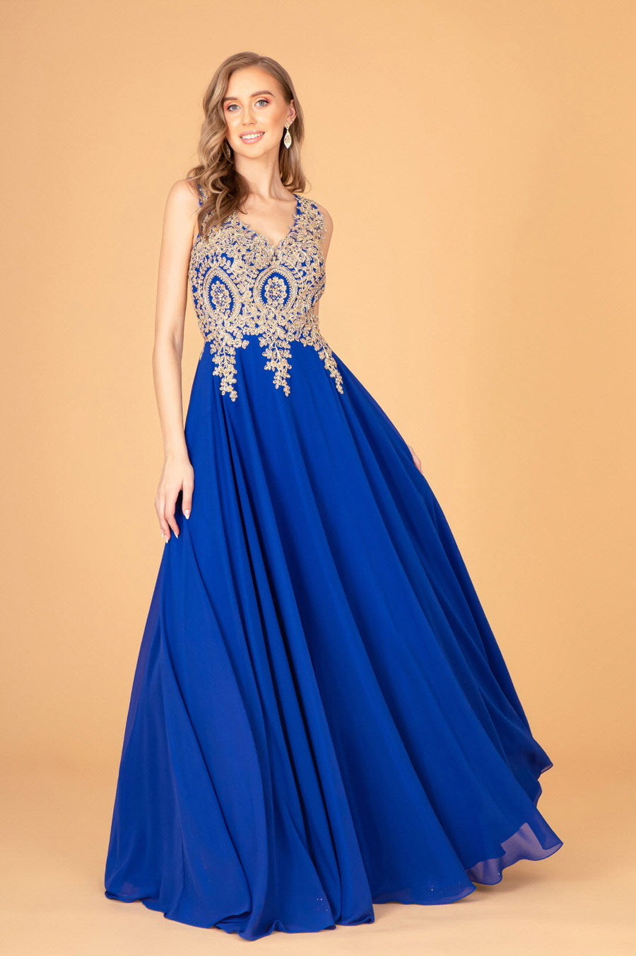 Embroidered Chiffon Long Prom Dress Formal - The Dress Outlet Royal Blue