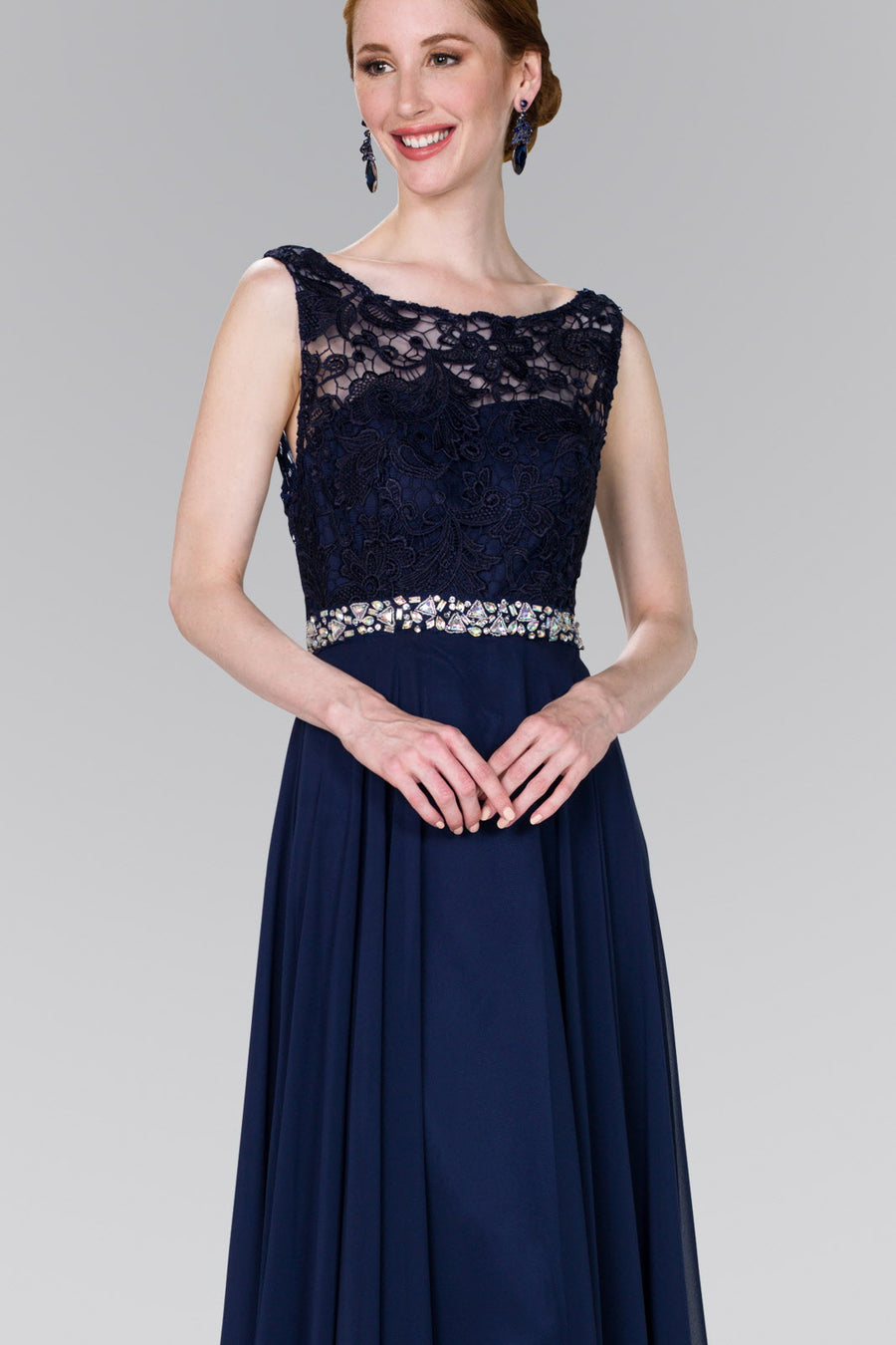 Lace Top Chiffon Long Formal Dress - The Dress Outlet Elizabeth K Navy