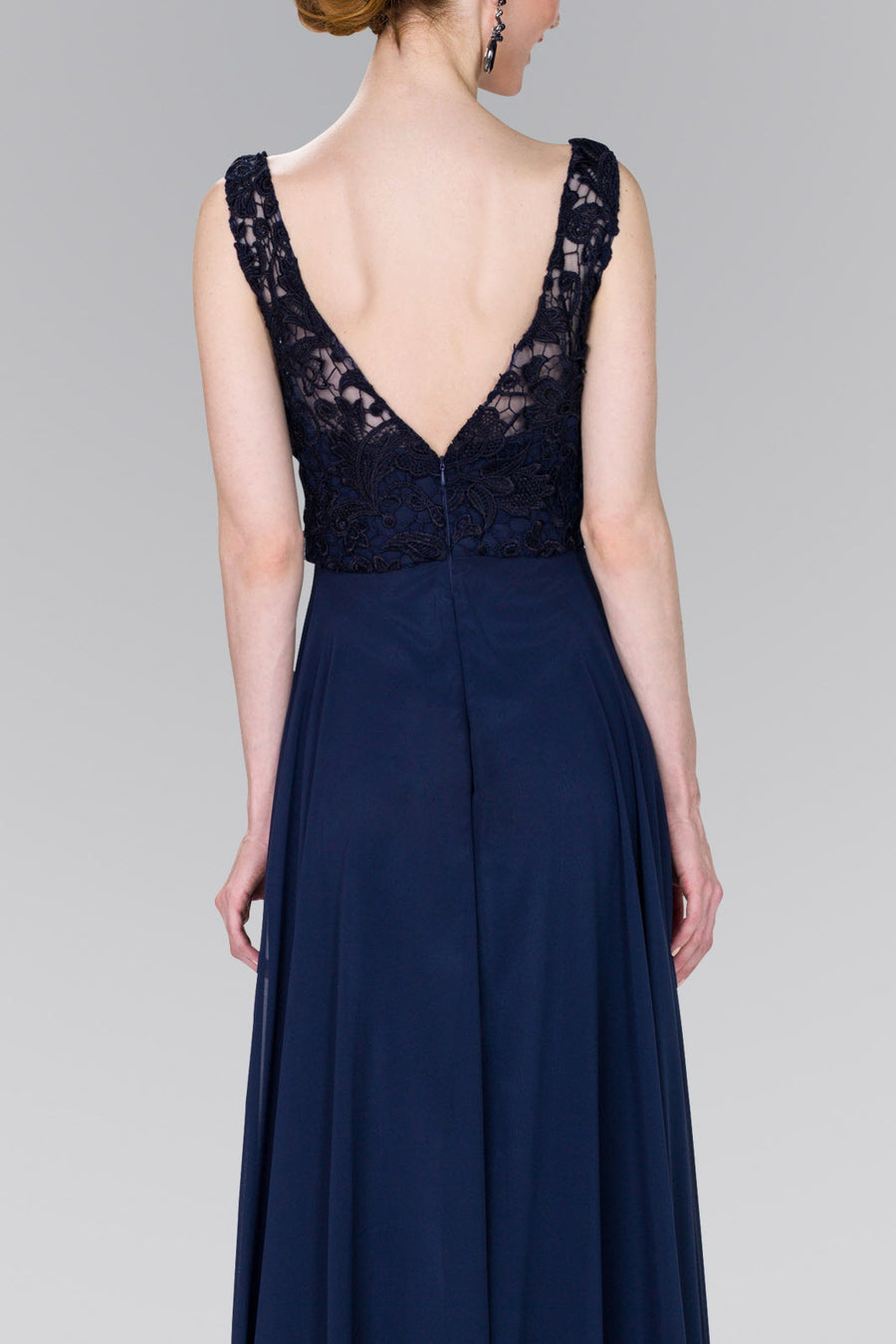 Lace Top Chiffon Long Formal Dress - The Dress Outlet Elizabeth K Navy