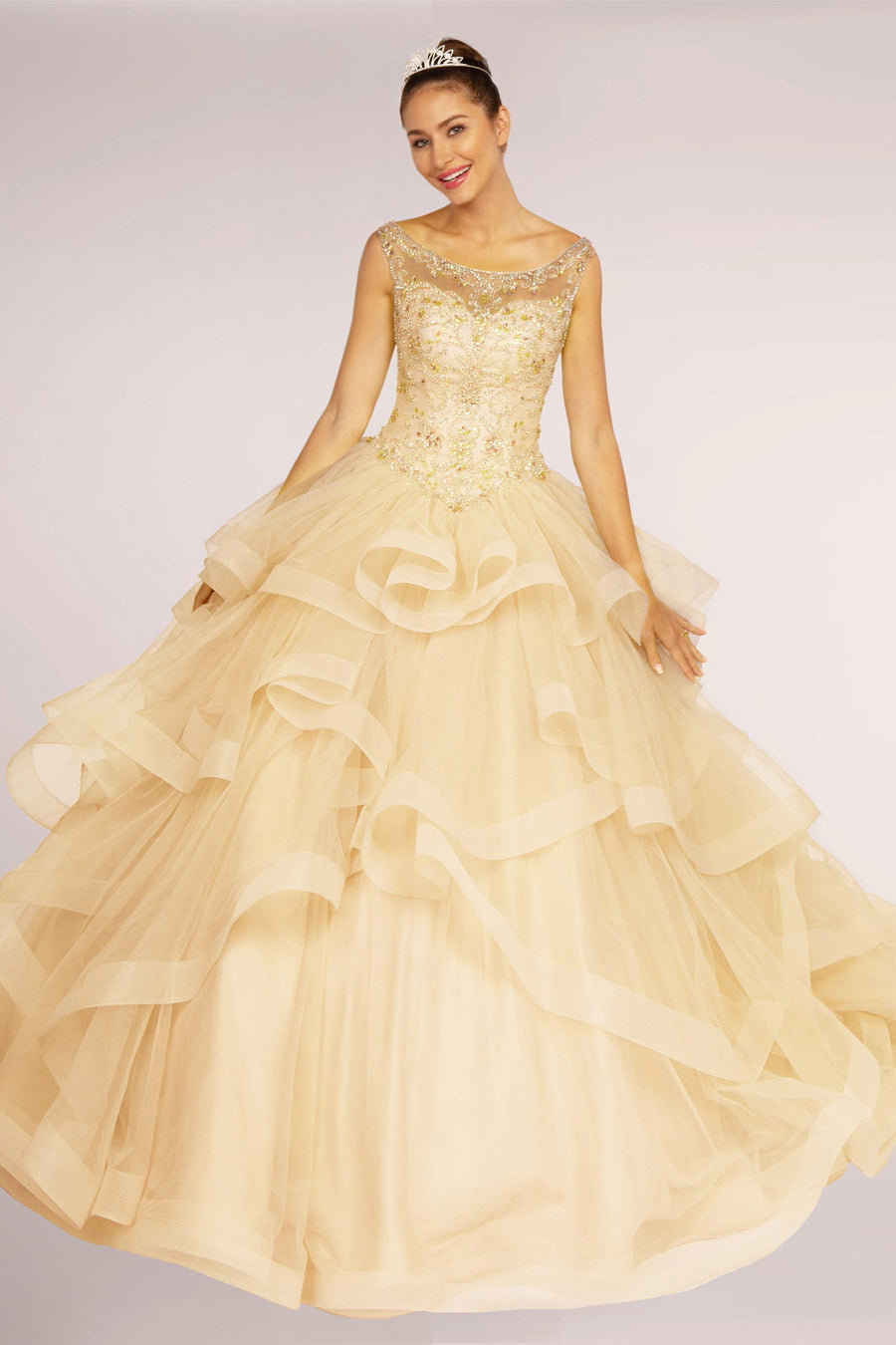 Jewel Embellished Long Multi-Layered Quinceanera Dress - The Dress Outlet Elizabeth K Champagne