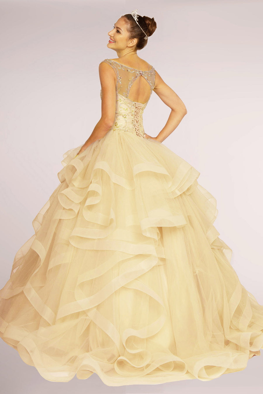 Jewel Embellished Long Multi-Layered Quinceanera Dress - The Dress Outlet Elizabeth K Champagne