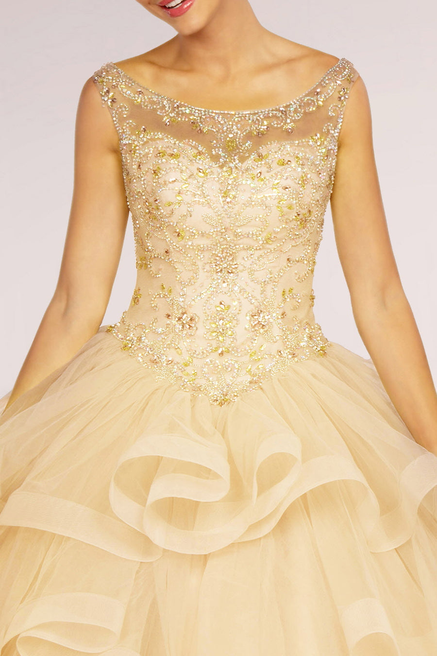 Jewel Embellished Long Multi-Layered Quinceanera Dress - The Dress Outlet Elizabeth K Champagne