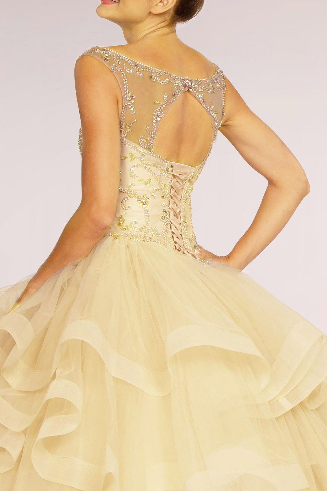 Jewel Embellished Long Multi-Layered Quinceanera Dress - The Dress Outlet Elizabeth K Champagne