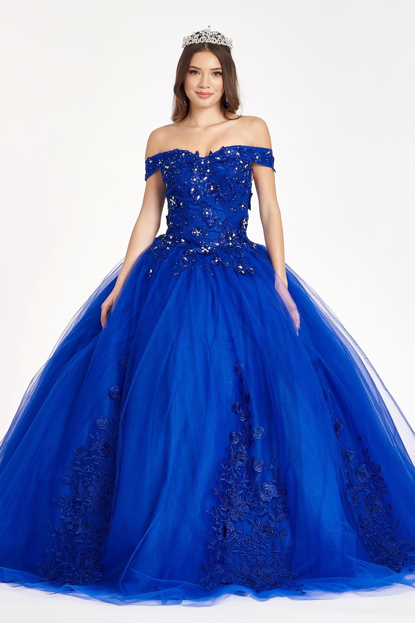 Jewel Embellished Long Mesh Quinceanera Dress - The Dress Outlet Royal Blue