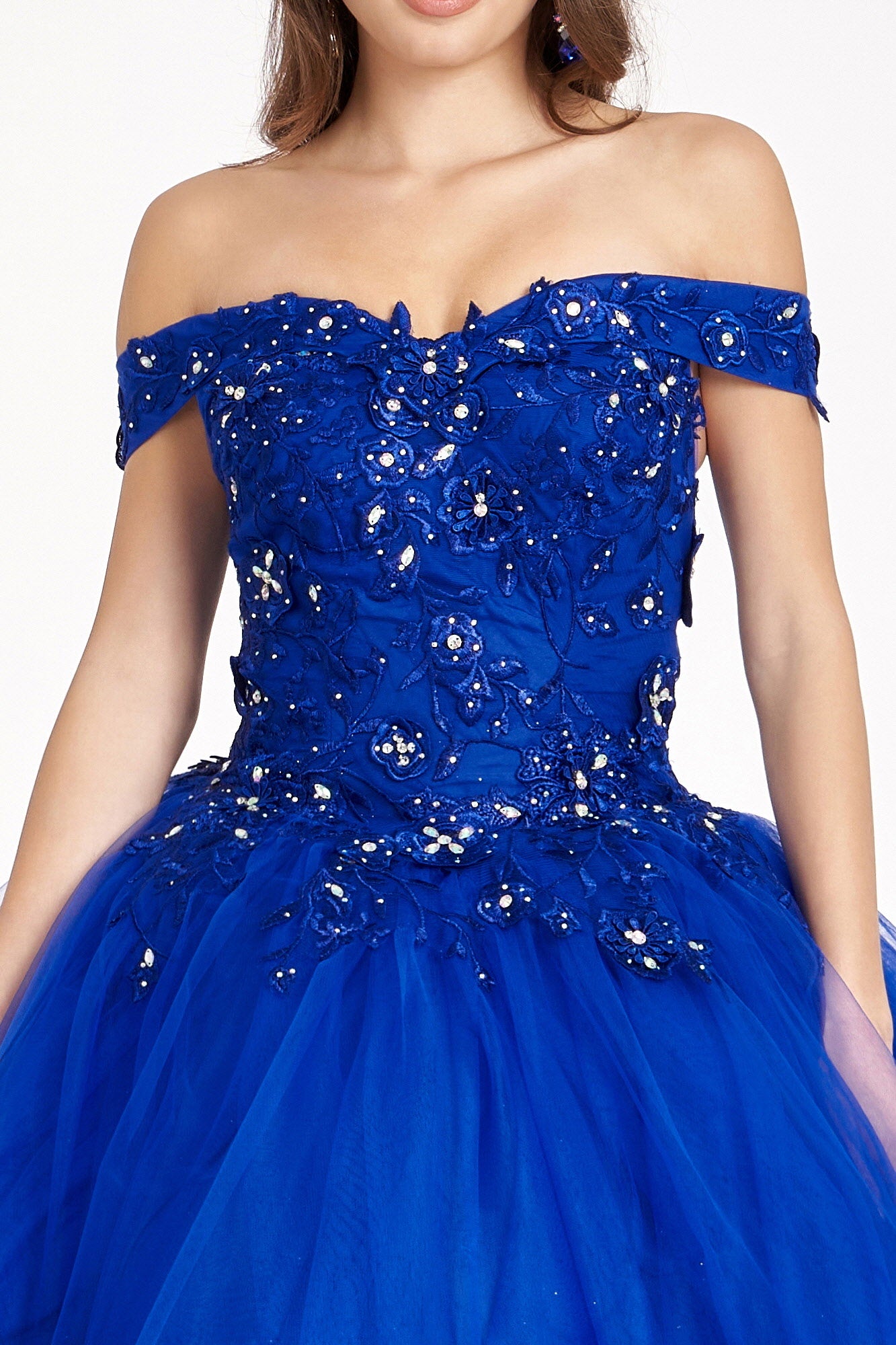 Jewel Embellished Long Mesh Quinceanera Dress - The Dress Outlet Royal Blue