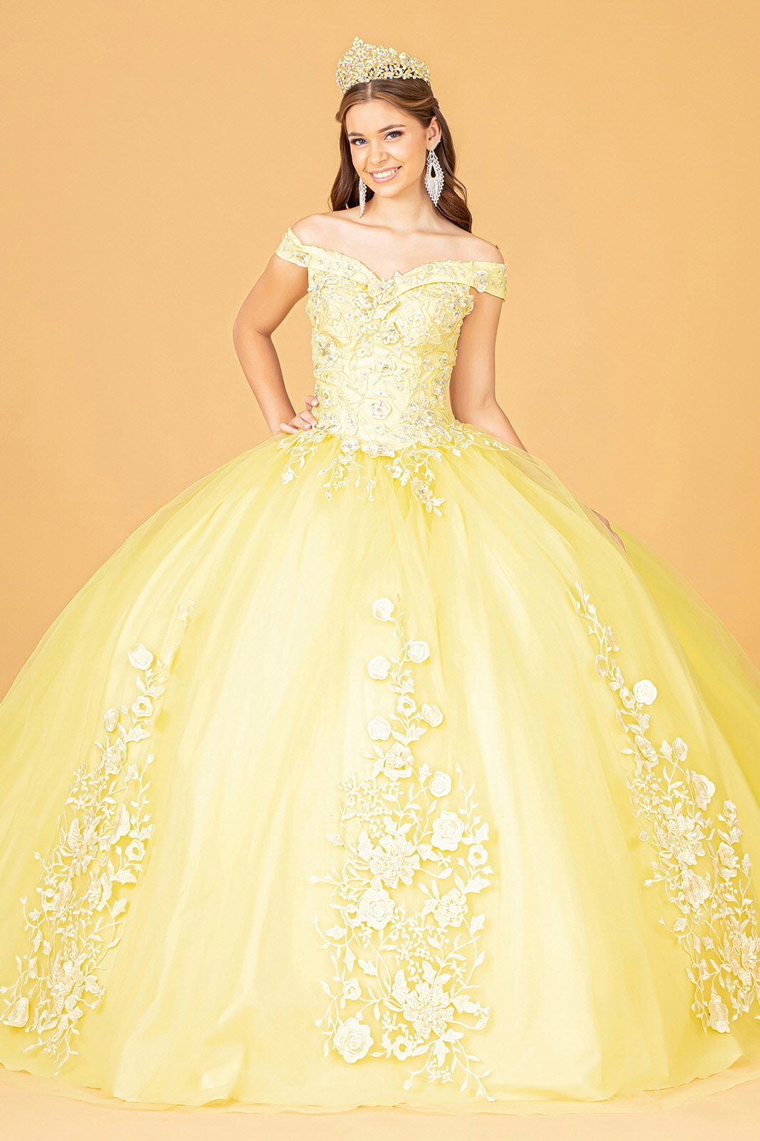 Jewel Embellished Long Mesh Quinceanera Dress - The Dress Outlet Yellow