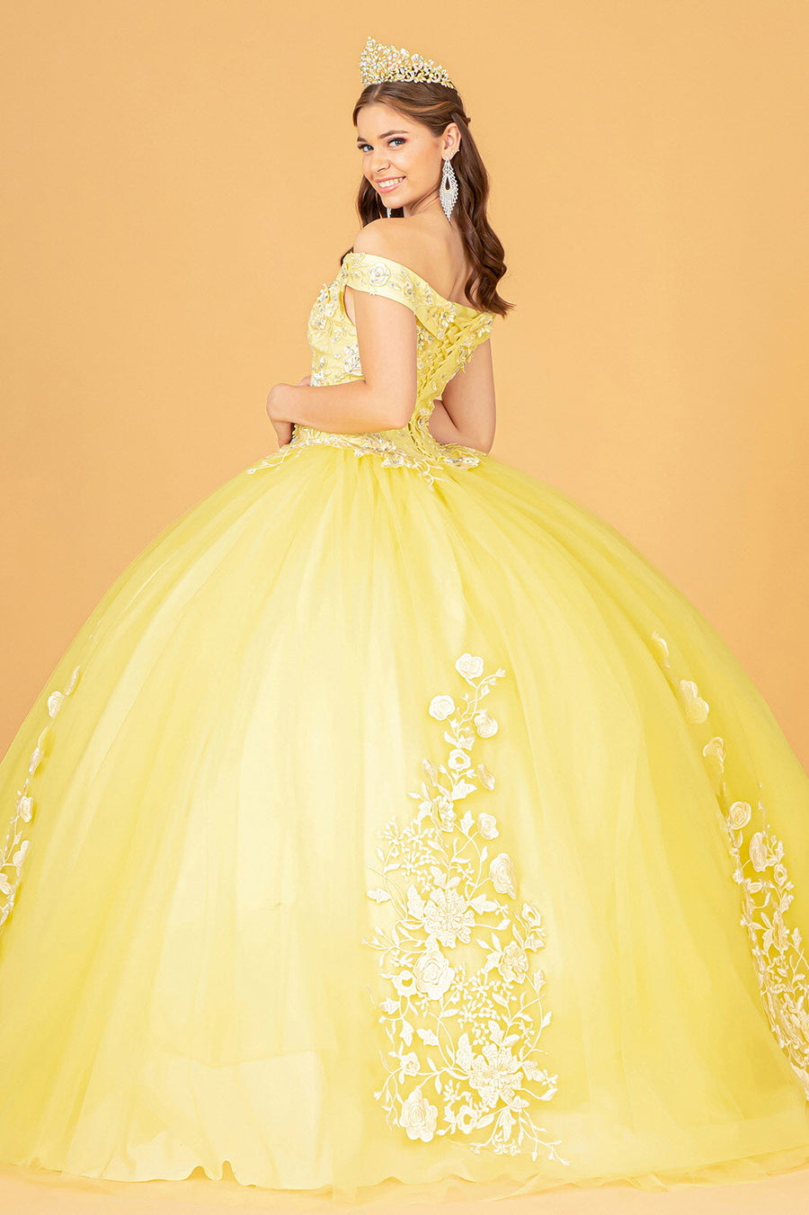 Jewel Embellished Long Mesh Quinceanera Dress - The Dress Outlet Yellow