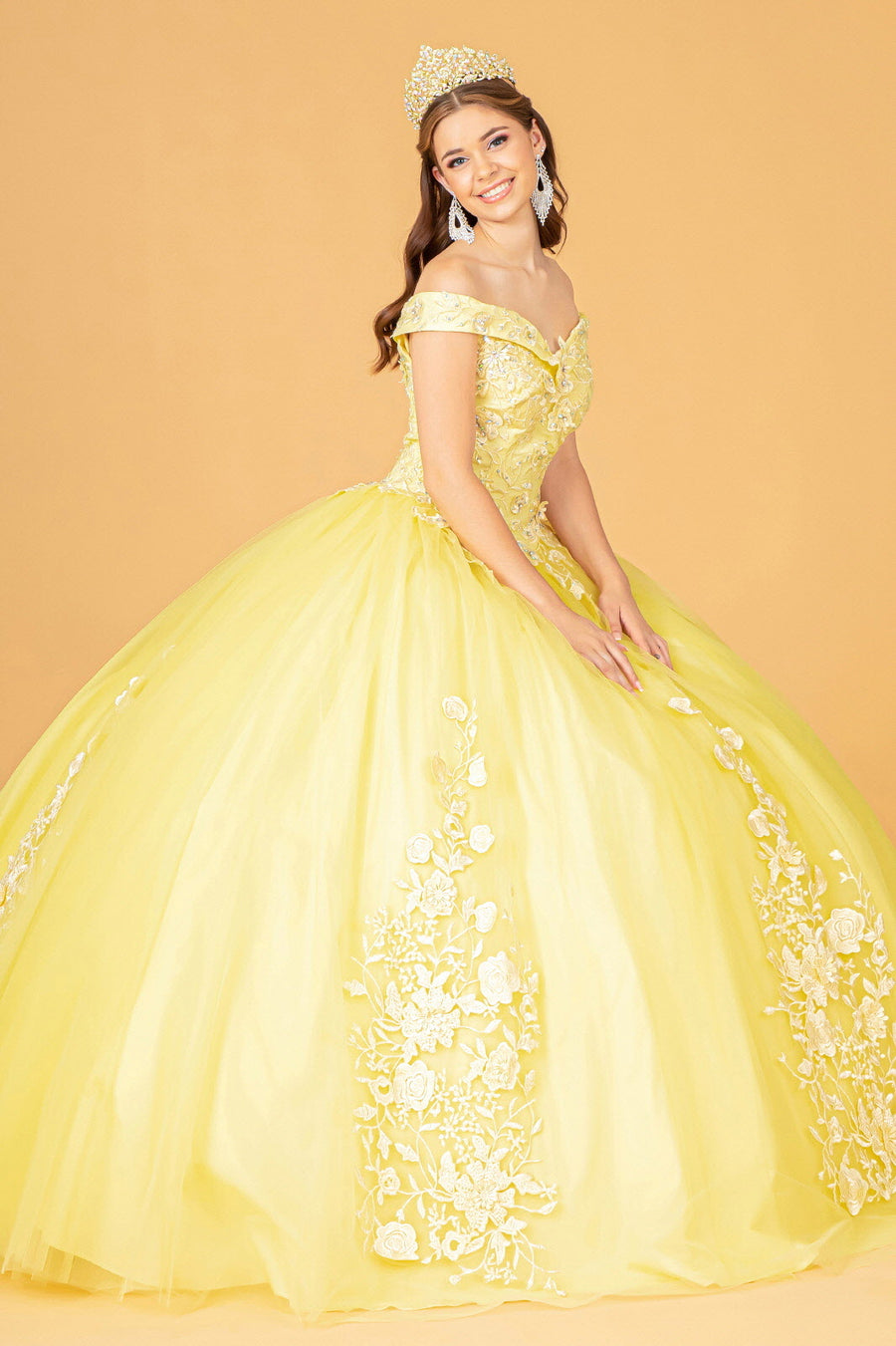 Jewel Embellished Long Mesh Quinceanera Dress - The Dress Outlet Yellow