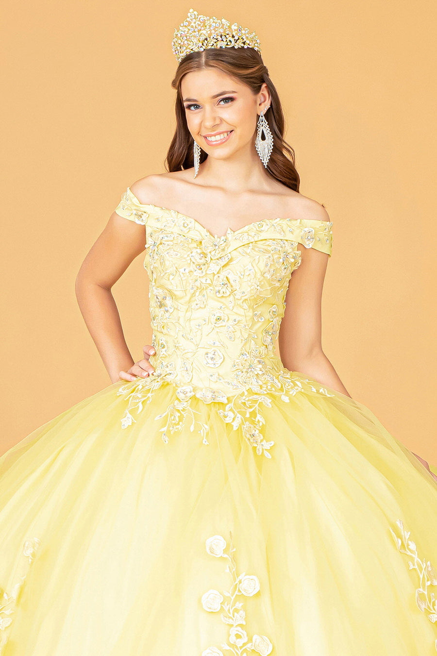 Jewel Embellished Long Mesh Quinceanera Dress - The Dress Outlet Yellow