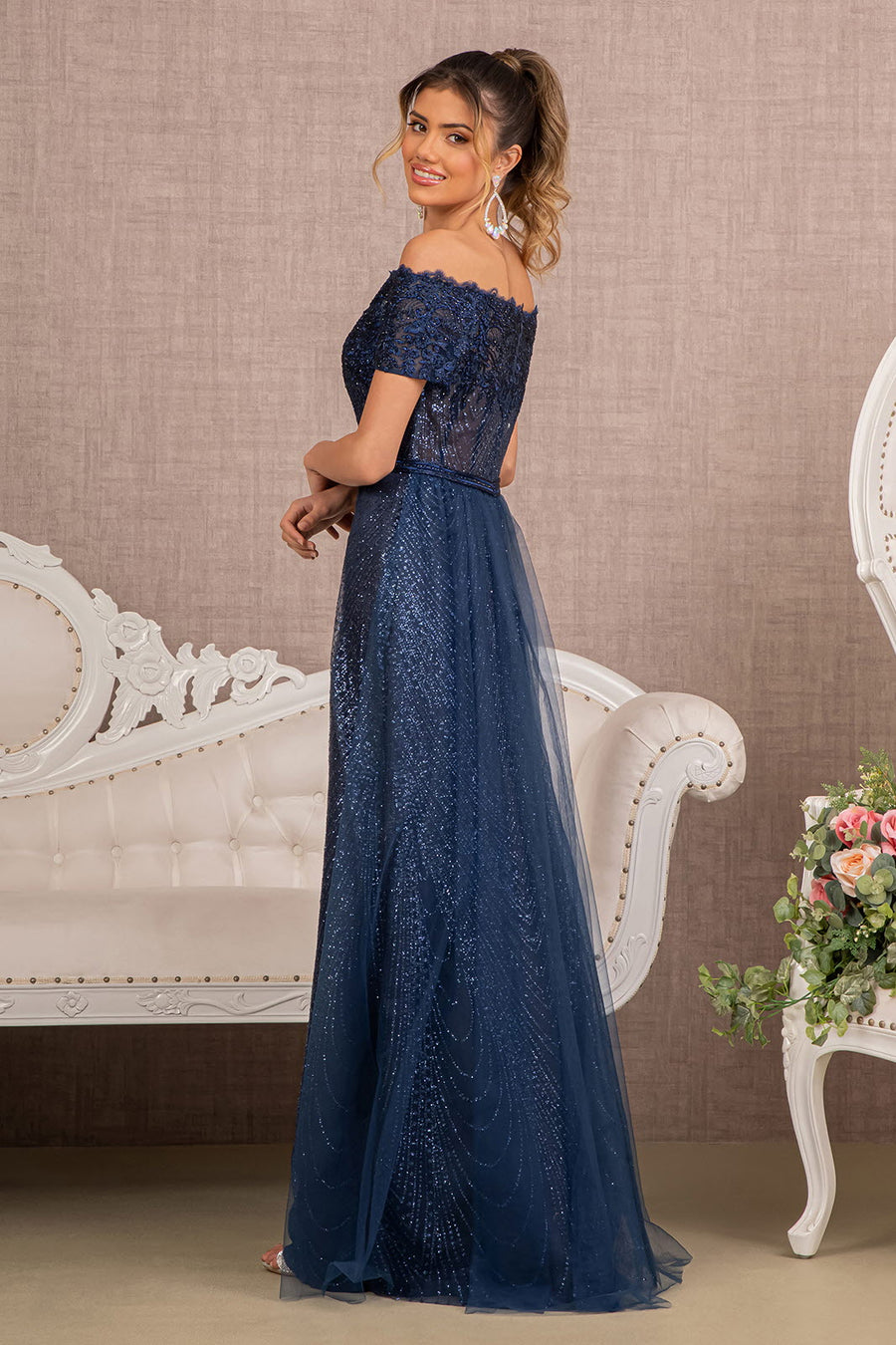 Glitter Print Mesh Long Prom Dress - The Dress Outlet Elizabeth K Navy