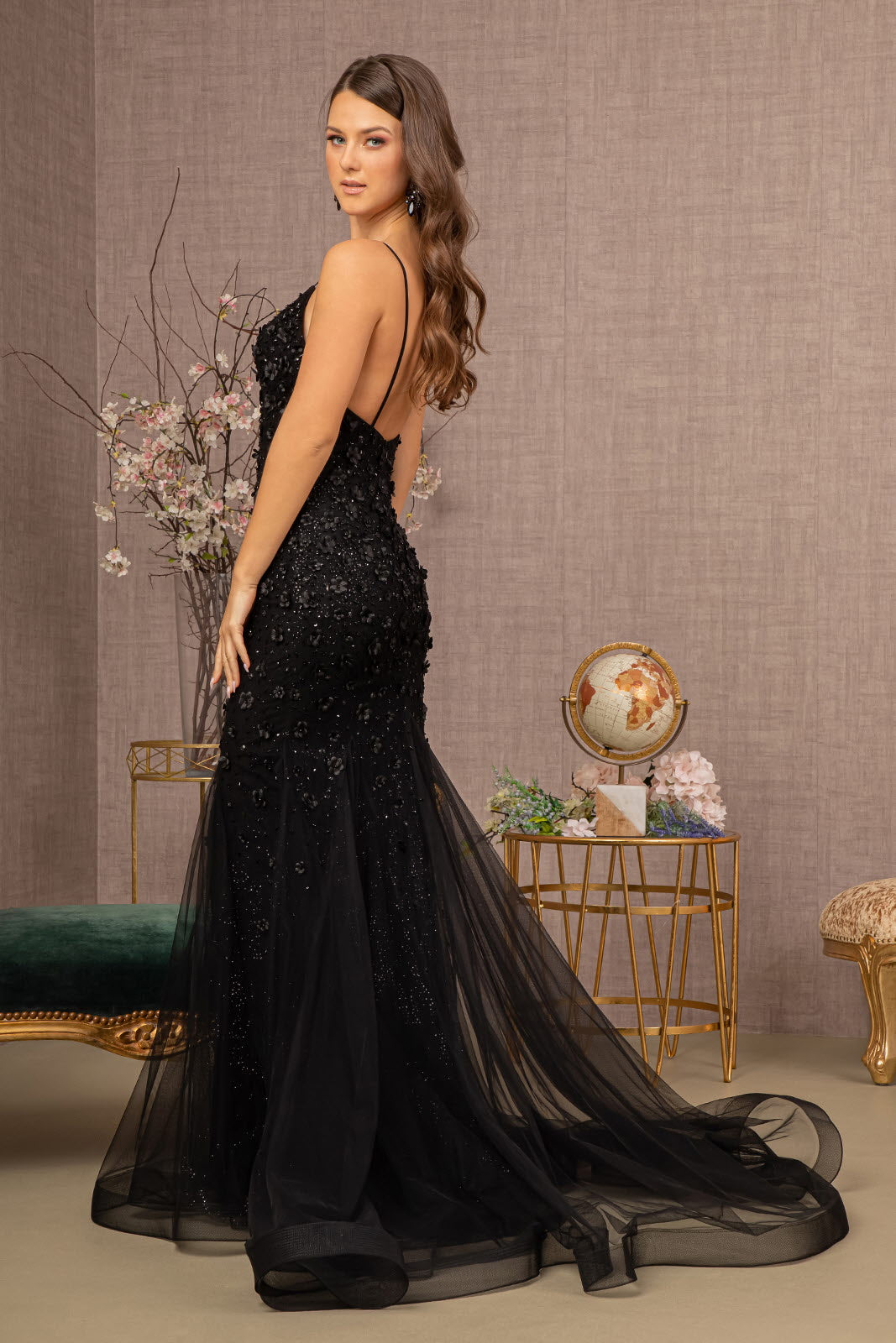 Long Spaghetti Strap Formal Mesh Prom Dress - The Dress Outlet Black